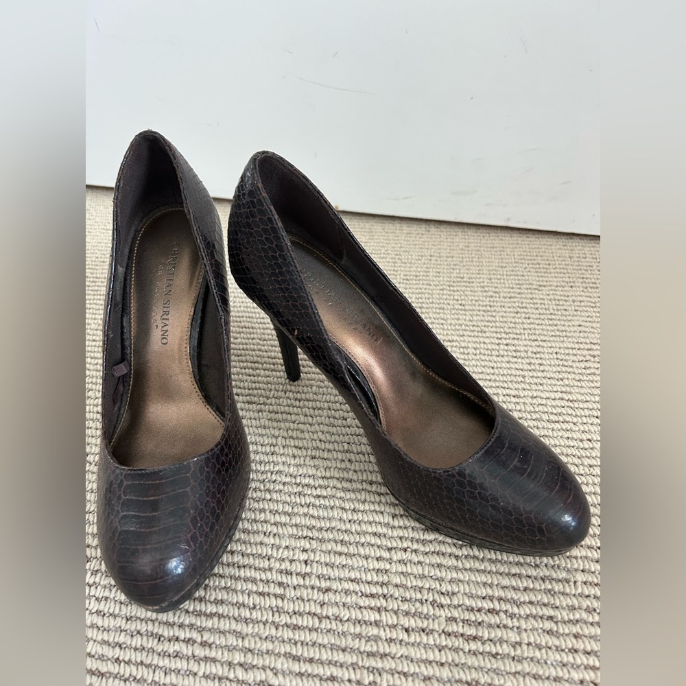 Christian Siriano Dark Brown Snake-Embossed Pumps